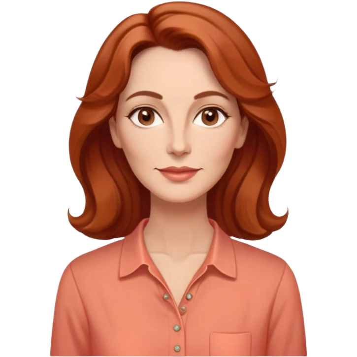 Middle-aged woman with elongated face, gentle structure, prominent cheekbones, warm expression, medium almond dark eyes, softly arched eyebrows, straight slender nose, friendly defined lips, reddish wavy hair with volume, wearing a coral-colored artistic-cut comfortable shirt emoji