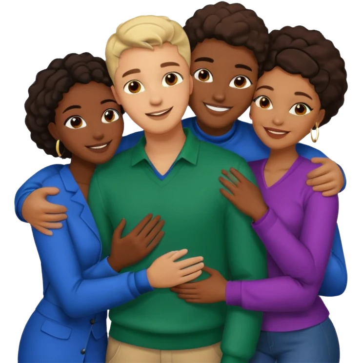 one american italian young man surrounded by three african women with large butts hugging him and each other and grabbing his crotch emoji