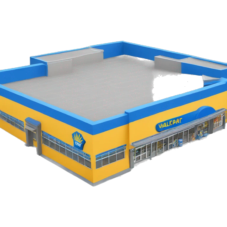 “Walmart store with a simple, recognizable design, featuring the iconic sunburst logo, blue and yellow color scheme, and storefront details that convey a large retail environment.” emoji