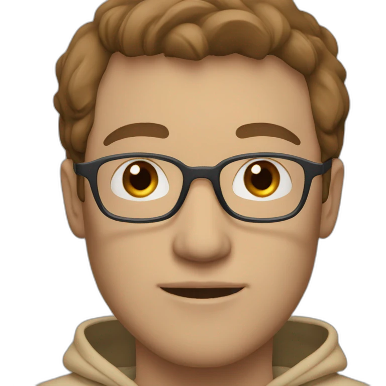Man with blue eyes and brown hair and glasses wearing a beige hoodie emoji