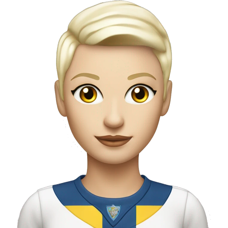 Jesse Maley pretty older white Swedish looking Playboy model stylefemale with platinum blonde, pixie, cut haircut and golden skin and aleeds united shirt and badge emoji