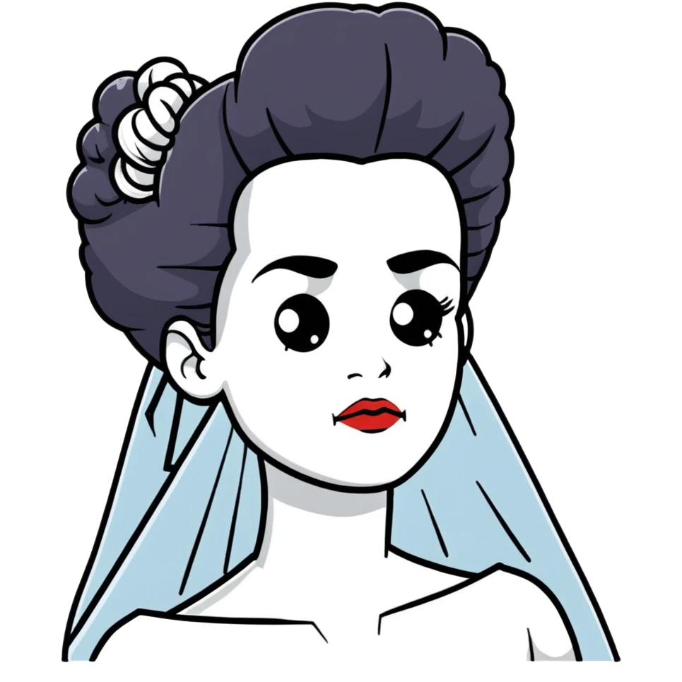 Bride of Frankenstein with tall black and white hair and stitches on face emoji