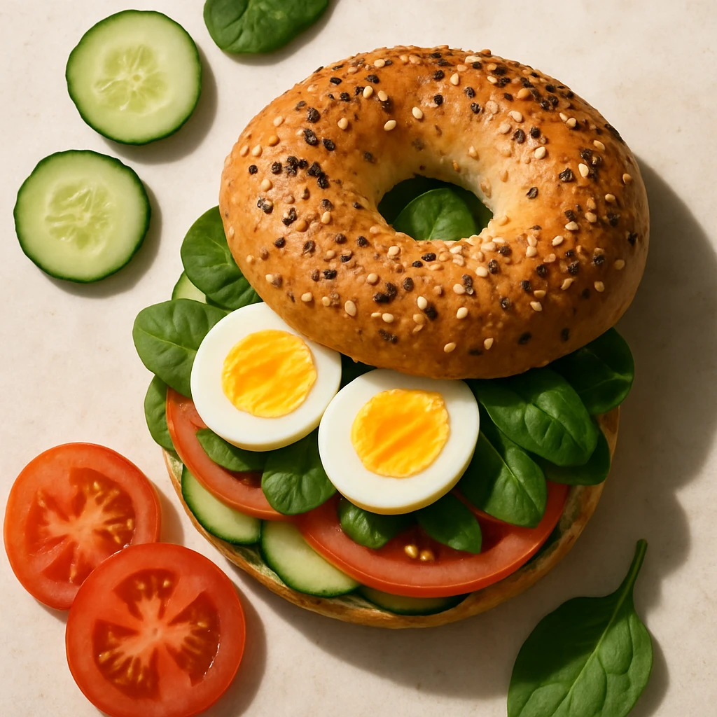 Pinterest-inspired bagel sandwich with eggs and fresh veggies inside, overhead food photography look, gentle shadows emoji