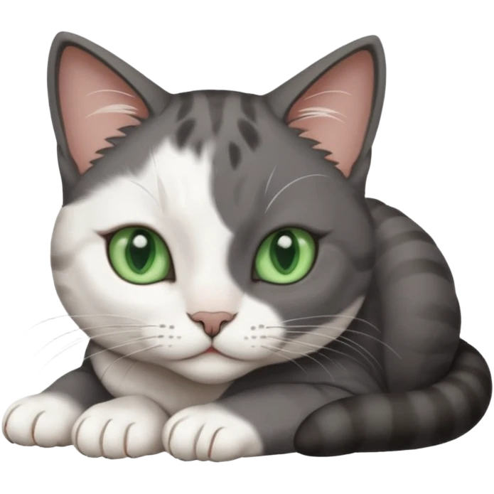 beautiful female solid dark grey cat with green eyes, white toes/paws and white patch on her chest rolling over emoji