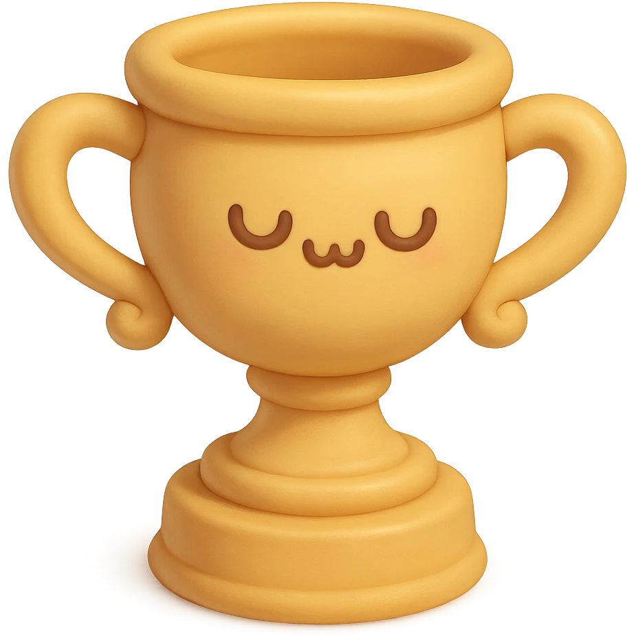 sports trophy with an uwu face, shiny gold, cartoon style emoji