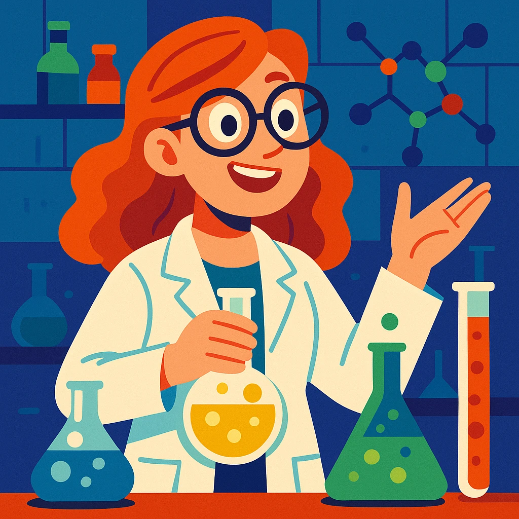 red-haired female chemistry professor wearing white lab coat and glasses, expressive illustration style, laboratory ambiance emoji