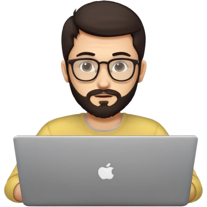 23 year old Azerbaijani man with very dark brown hair and beard with glasses and laptop , light yellow skin face emoji