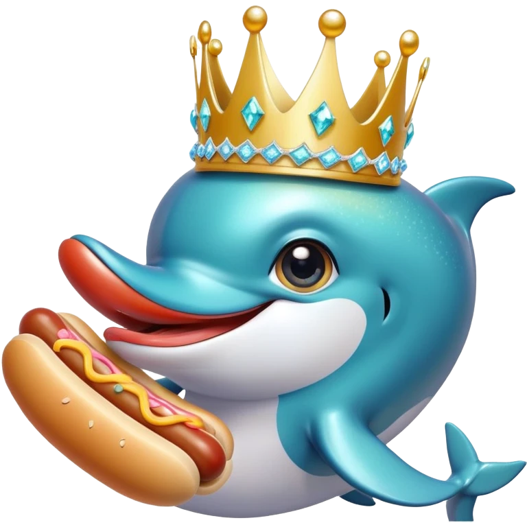 Dolphins wearing a sparkly crown with big eyes and lashes eating hot dogs Japanese emoji