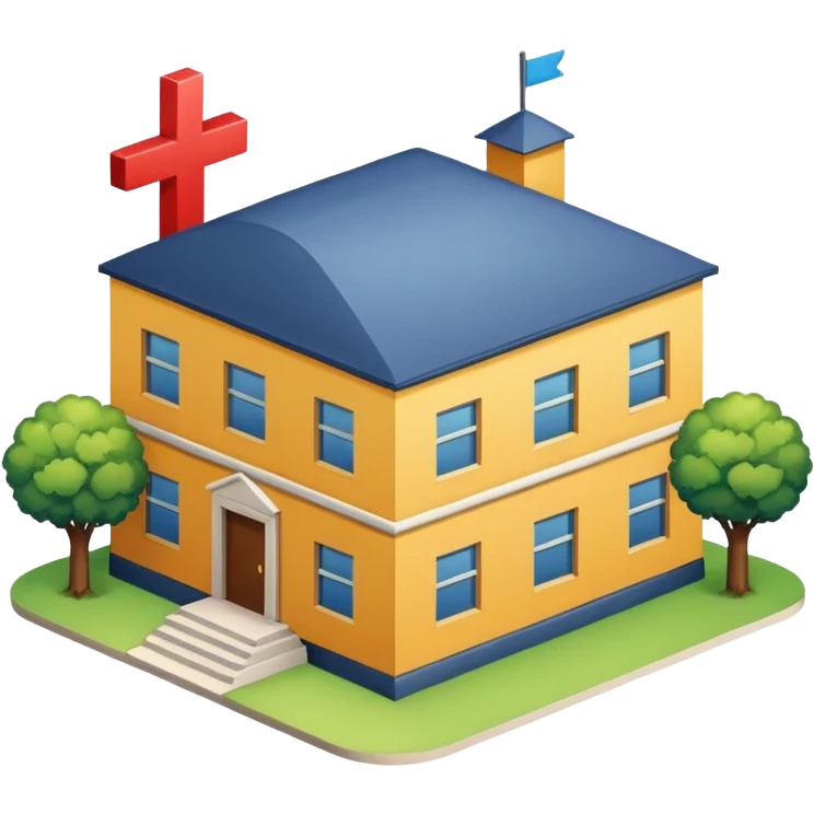 dormitory with a cross mark, next to job, house, and school symbols, clean and optimistic emoji
