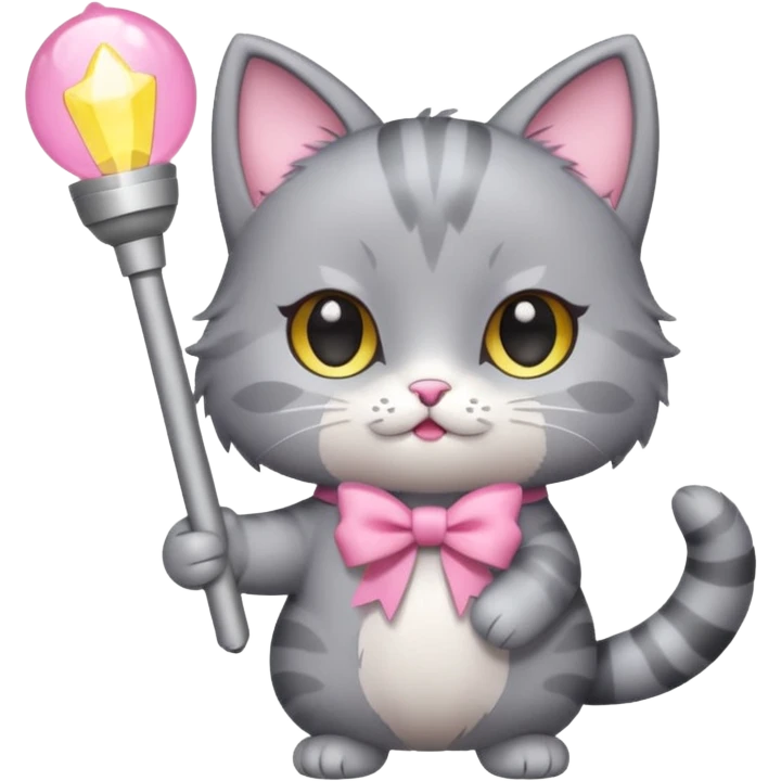 chibi cute gray cat holding a light stick happily emoji