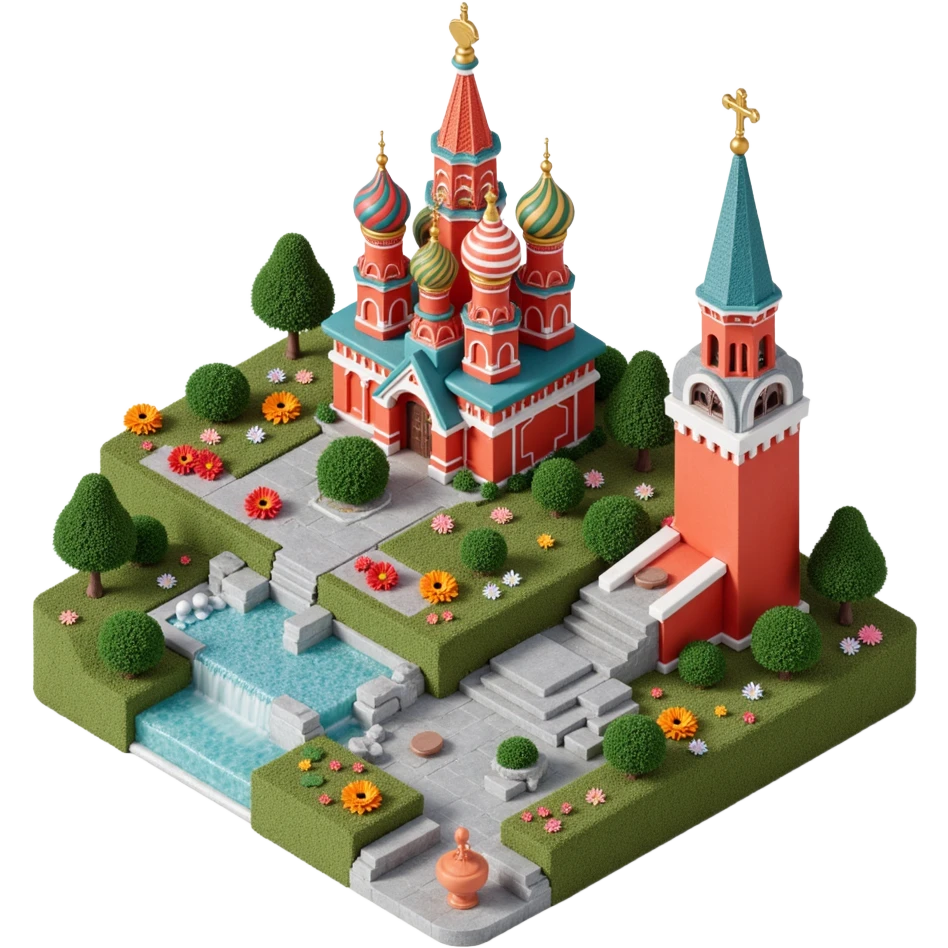 Isometric miniature 3D city with iconic landmarks of Moscow, colorful stylized buildings, cartoon realism emoji