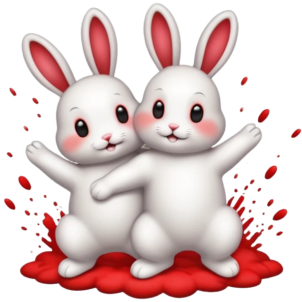 a cute little fluffy bunny is jumping on top of another cute fluffy bunny. the bottom bunny is exploding in a cloud of splatter. similar to the game jump and bump. simplified, minimalistic, emoji style. emoji