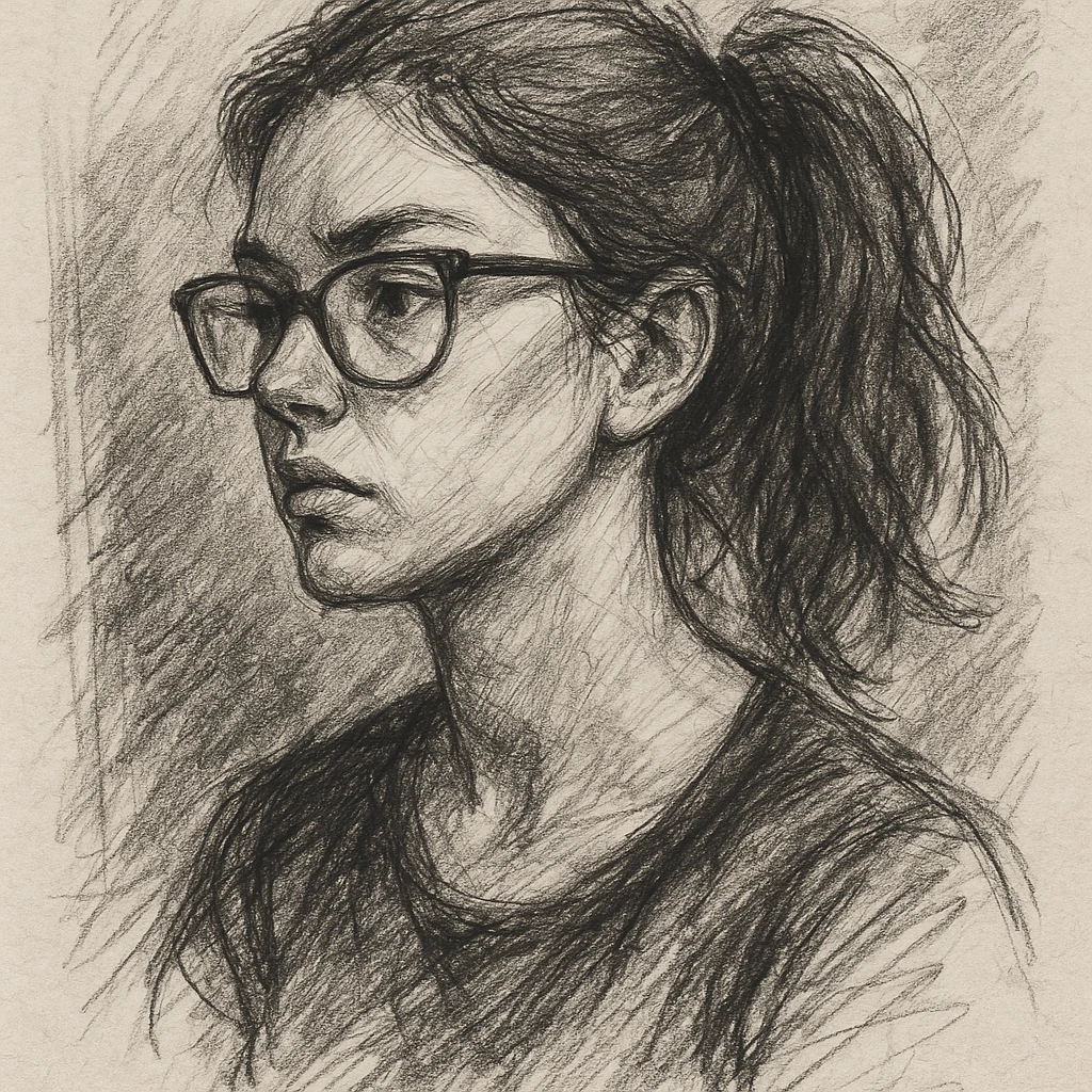 a woman with chestnut hair tied in a ponytail and black frame glasses, pencil sketch style emoji