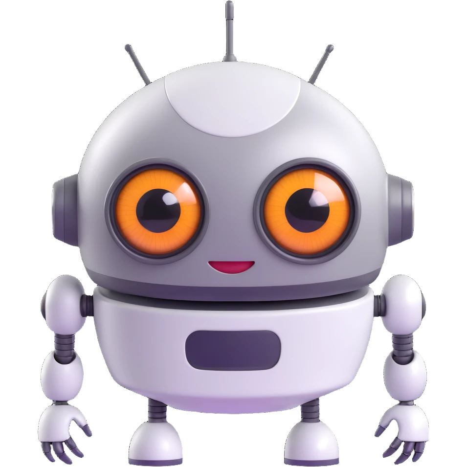 Friendly robot with big expressive eyes — round head, glossy finish, slightly clumsy but charming (think Wall-E meets Baymax). emoji