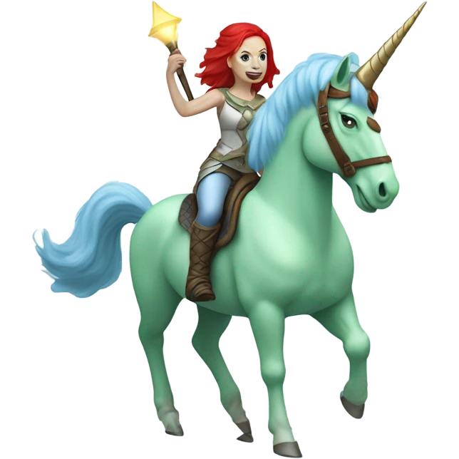 [
	{ a light green Amazon alien woman [ with red hair, with blue eyes]} 
	on a 
	[{ unicorn:[white, six-legged, light blue mane}]]] emoji