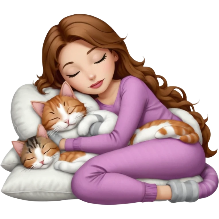 girl with long wavy brown hair, brown eyes, long lashes makeup, sexy pink lips, light to medium complexion,  sleeping on a cozy pillow, with 6 cats: 1 brown and white tabby cat, 1 ginger and white, 2 grey and white, 1 grey with white mittens and small white patch on chest and 1 calico, sleeping emoji