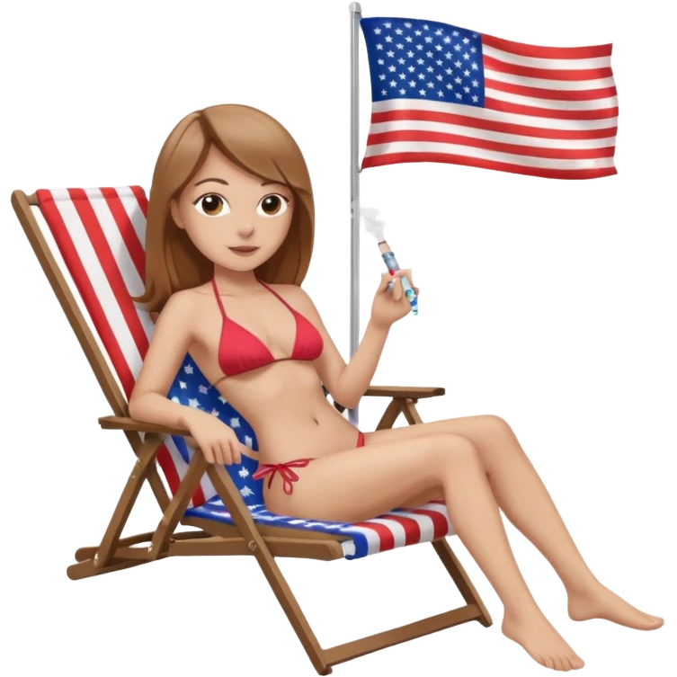 White Woman with straight light brown hair in a bikini in a beach chair vaping with an american flag emoji