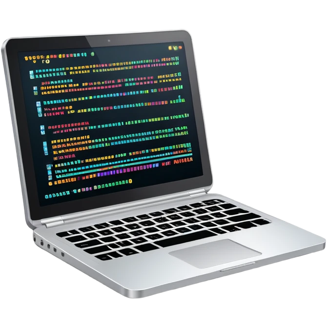 An icon featuring a laptop screen with colorful lines of code, brackets, and a blinking cursor, symbolizing programming. The design includes flowcharts, gear icons, and binary code, representing software development and logical problem-solving. Transparent background highlights the world of coding. emoji