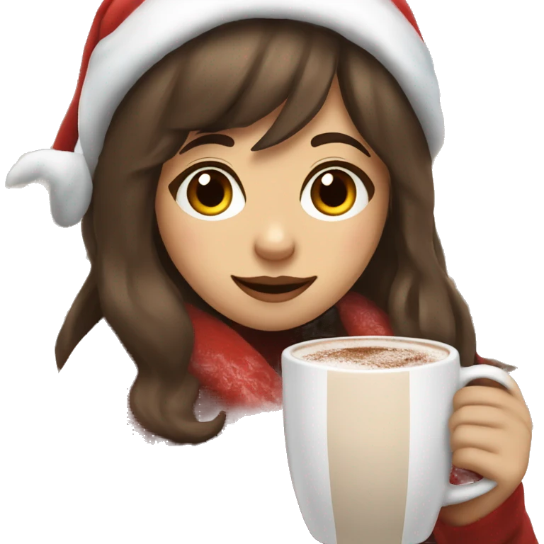 Girl with brown hair wispy bangs wearing a Santa hat and a blanket hold a cup of hot chocolate  emoji