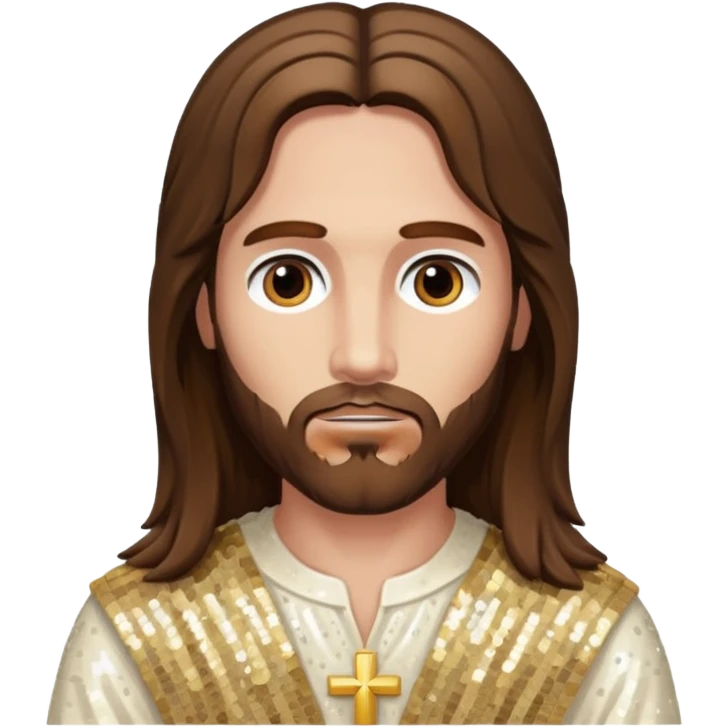 Jesus Christ with long brown hair, ivory sequin outfit emoji
