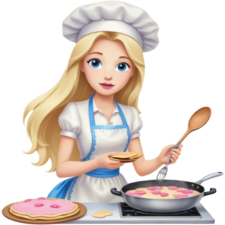 Cinematic realistic beautiful blonde with long hair, blue eyes and pink lips in a white dress cooks pancakes emoji