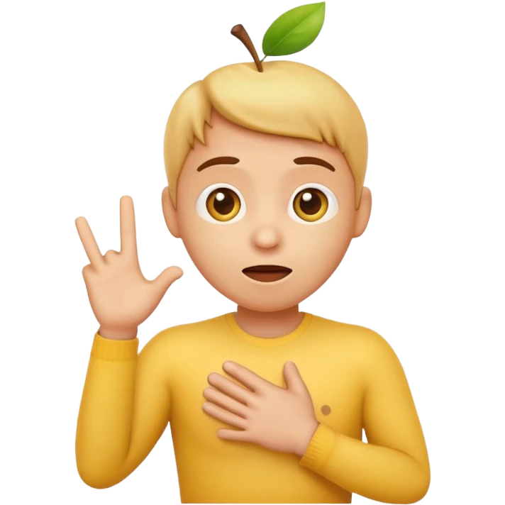 yellow apple style emoji with surprised expression saying 'me?', finger touching chest, very direct pose, clean white background emoji