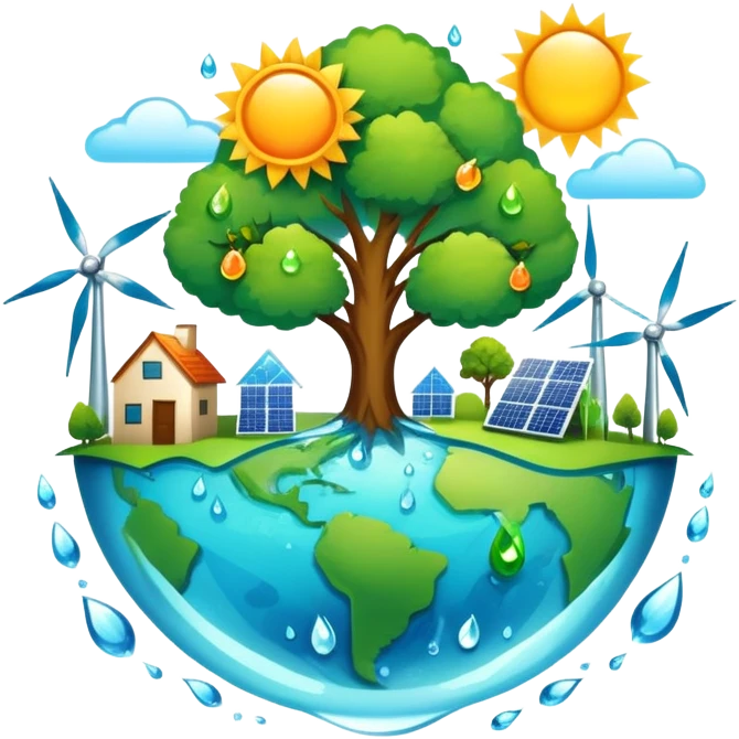 An icon featuring a green Earth, a tree, recycling symbols, and renewable energy sources like wind turbines, solar panels, and hydropower. The design includes animals, water droplets, and the sun, representing ecology, sustainable energy, and environmental protection. Transparent background. emoji
