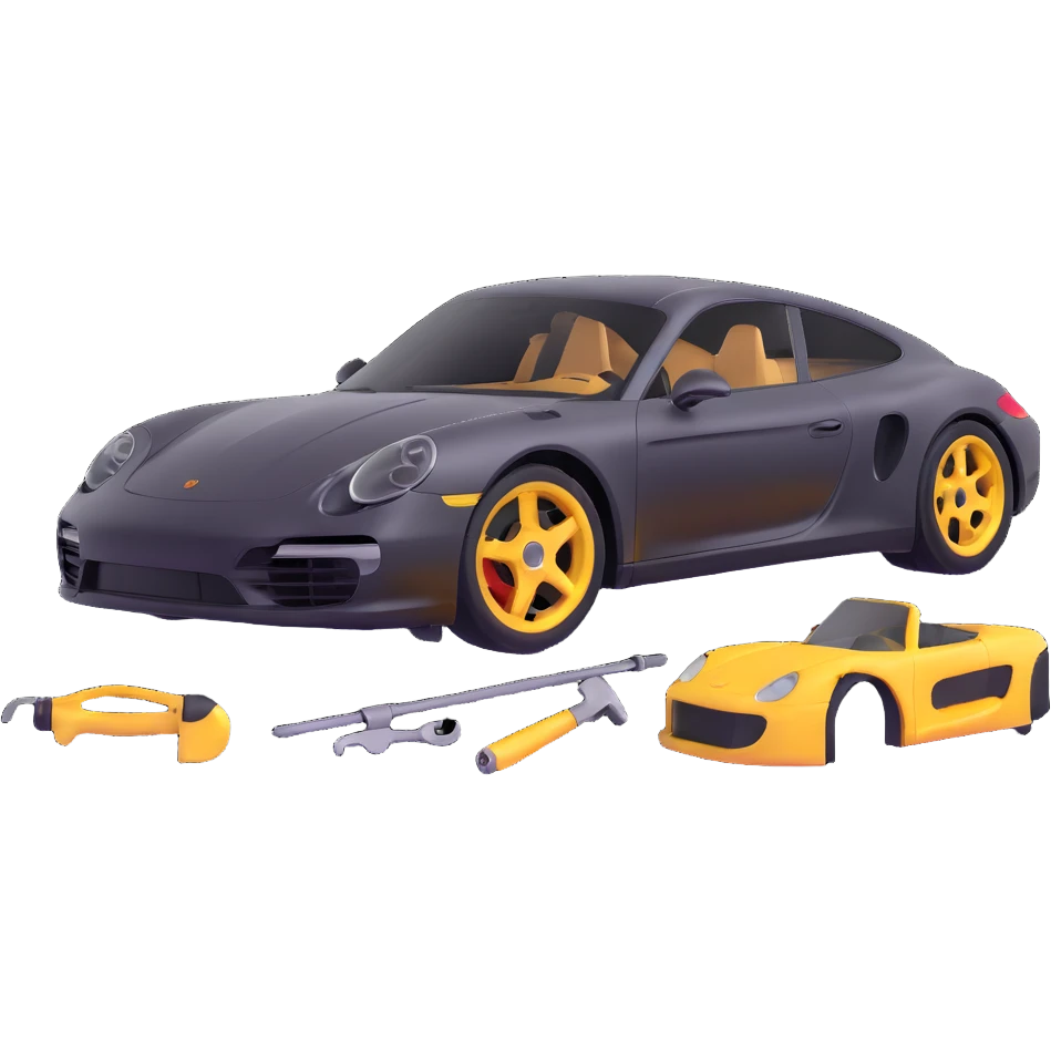 icon of a Porsche luxury car with a clearly visible dent or damage on the bodywork, with bodywork reconstruction tools like a lever, small hammer, and repair equipment positioned to show active repair, elegant and modern emoji