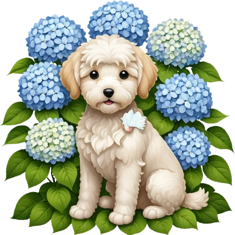 A golden doodle and white Maltese sitting in front of a bush of hydrangeas emoji