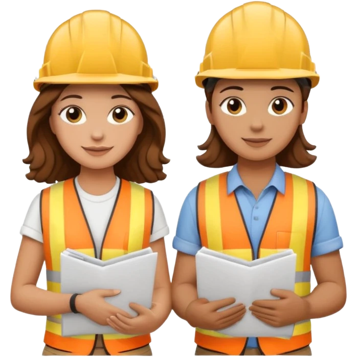 a couple holding hands, boyfriend with short brown hair, girlfriend with long brown curls, both wearing construction helmets and holding construction plans, emoji style emoji