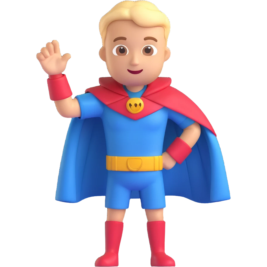 3D emoji-style character with a cape, striking a heroic pose, vibrant and friendly emoji