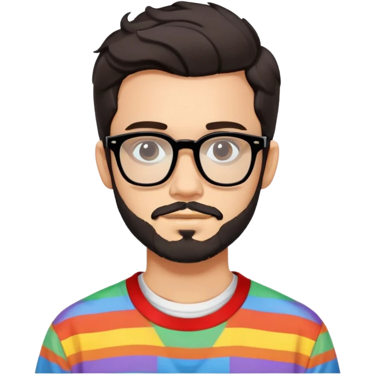 young adult man with light skin, short beard, dark wavy hair, relaxed expression, very wide rectangular glasses with thick black acetate frame and thick double bridge, retro oversized style, colorful open shirt and white t-shirt emoji