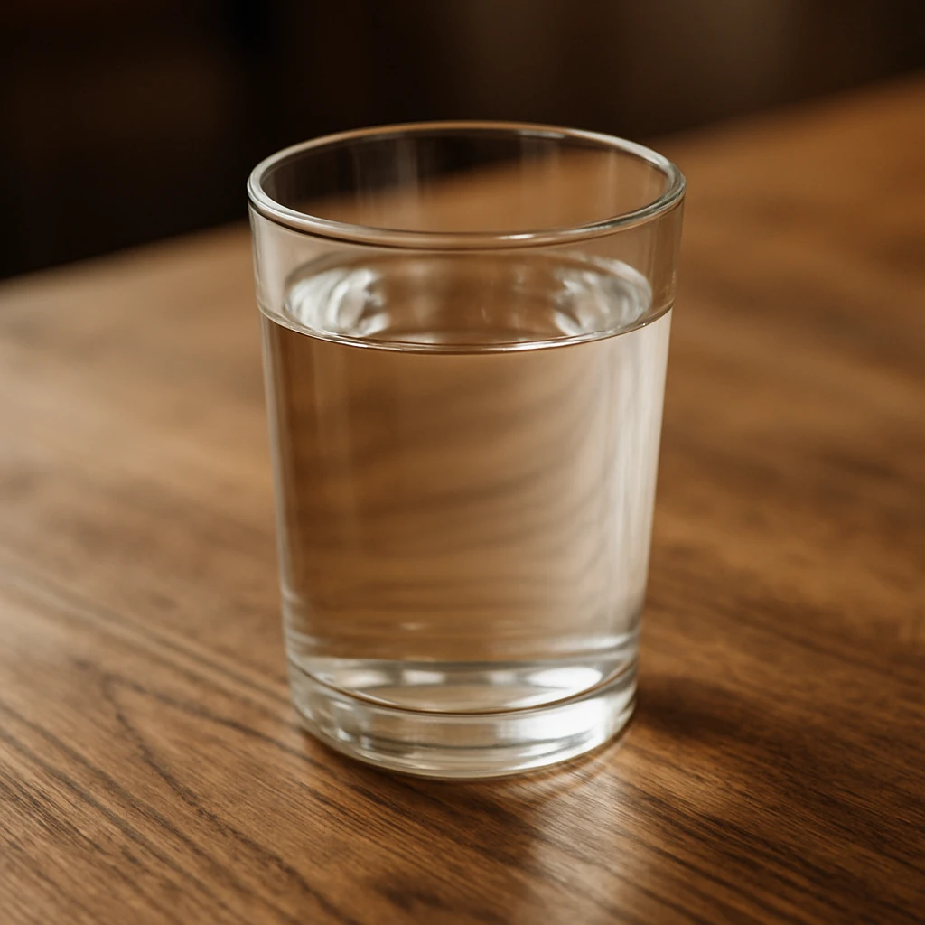 photo realistic glass of water on a wooden table emoji
