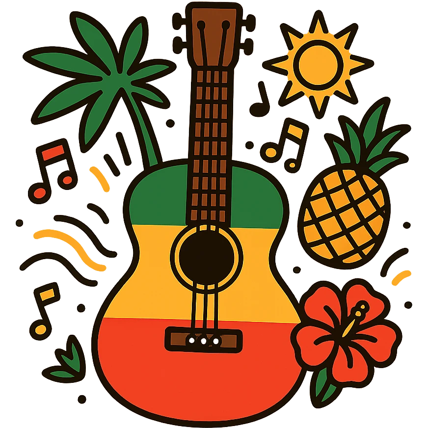 reggae guitar with tropical elements, lively and fun emoji