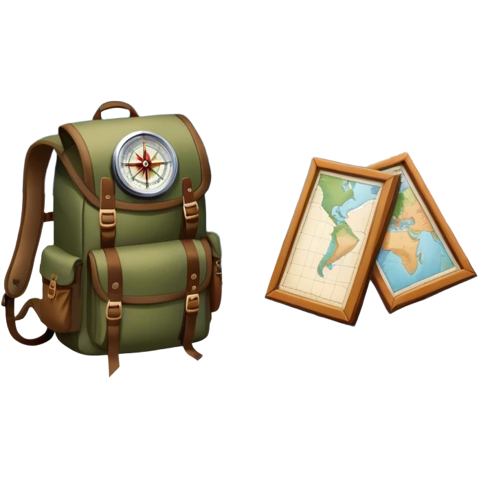Icon for Expeditions: a compass, a map, and a backpack with trekking gear, placed on a rugged mountain terrain with snow-capped peaks. The icon should evoke the spirit of adventure and discovery in remote, unexplored places. Transparent background. emoji
