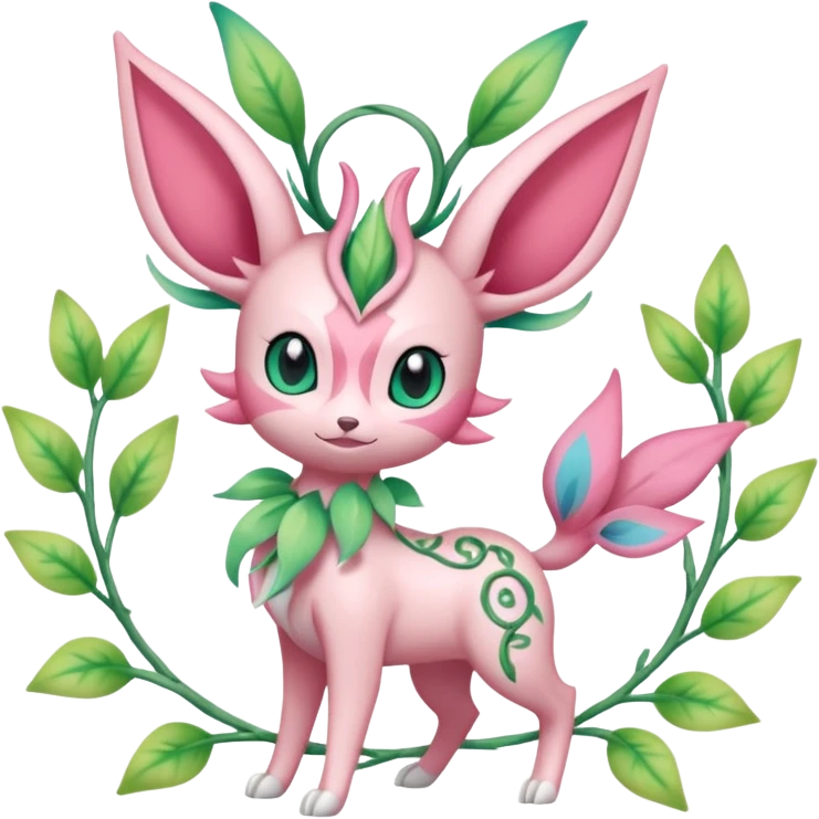 Rosy floral romantic cute pastel Sylveon-Celebi-Leafeon-Pokémon-Digimon-Fakémon-hybrid-fusion-creature with vines entangled around emoji
