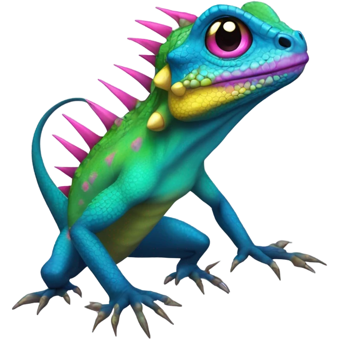 green and blue lizard with yellow underbelly, pink-purple spikes on back and back of head, pink-purple tongue sticking out of mouth, and yellow eyes with blue and black color emoji