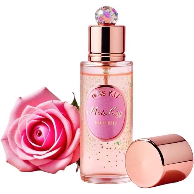 A **slim, cylindrical perfume bottle** with a **transparent glass body**, a **rose gold metallic cap**, and a **pink label decorated with colorful sprinkles**. The label features the brand name "MISS KAY" and the fragrance name "CUTIE PIE." The design is **playful, feminine, and compact**, ideal for carrying on the go. emoji