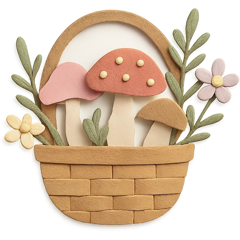basket full of forest goodies with mushrooms, herbs, flowers in soft pastel colors, paper-craft style emoji