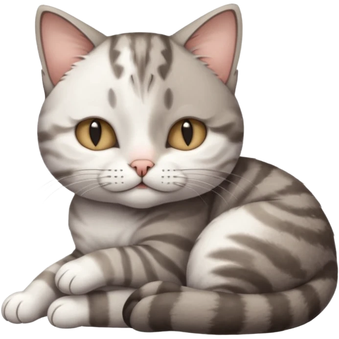 grey and white small cat with its eyes closed lying down with its paw curled and holding up his head emoji