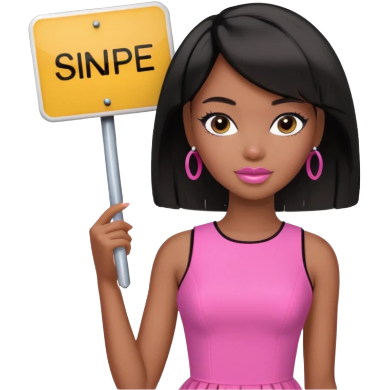 Black barbie, short  black bob  hair, pink dress with a sign that says snipe emoji