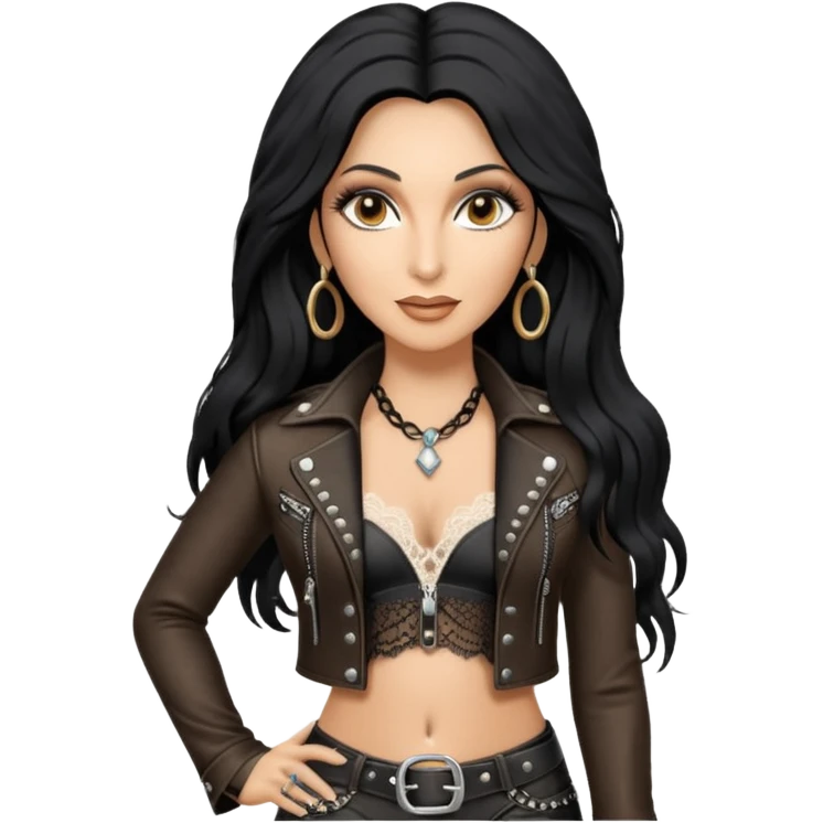 realistic cinematic singer Cher in a typical rocker's attractive outfit with leather and lace, half-naked as in the video If I Could Turn Back Time emoji