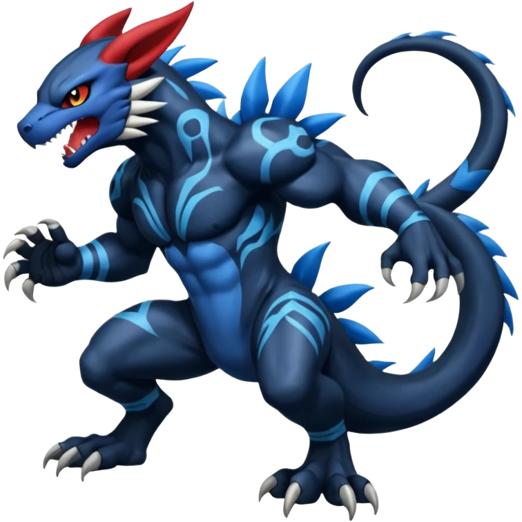 Black and Blue Venom-Stitch-WereGarurumon-Zekrom-Salandit-Sneasel-fusion, full body, tribal markings  emoji
