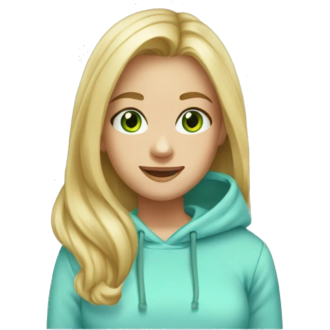 Girl Blonde liss hair at shoulders, green eyes, sonrisa, light blue hoddie emoji