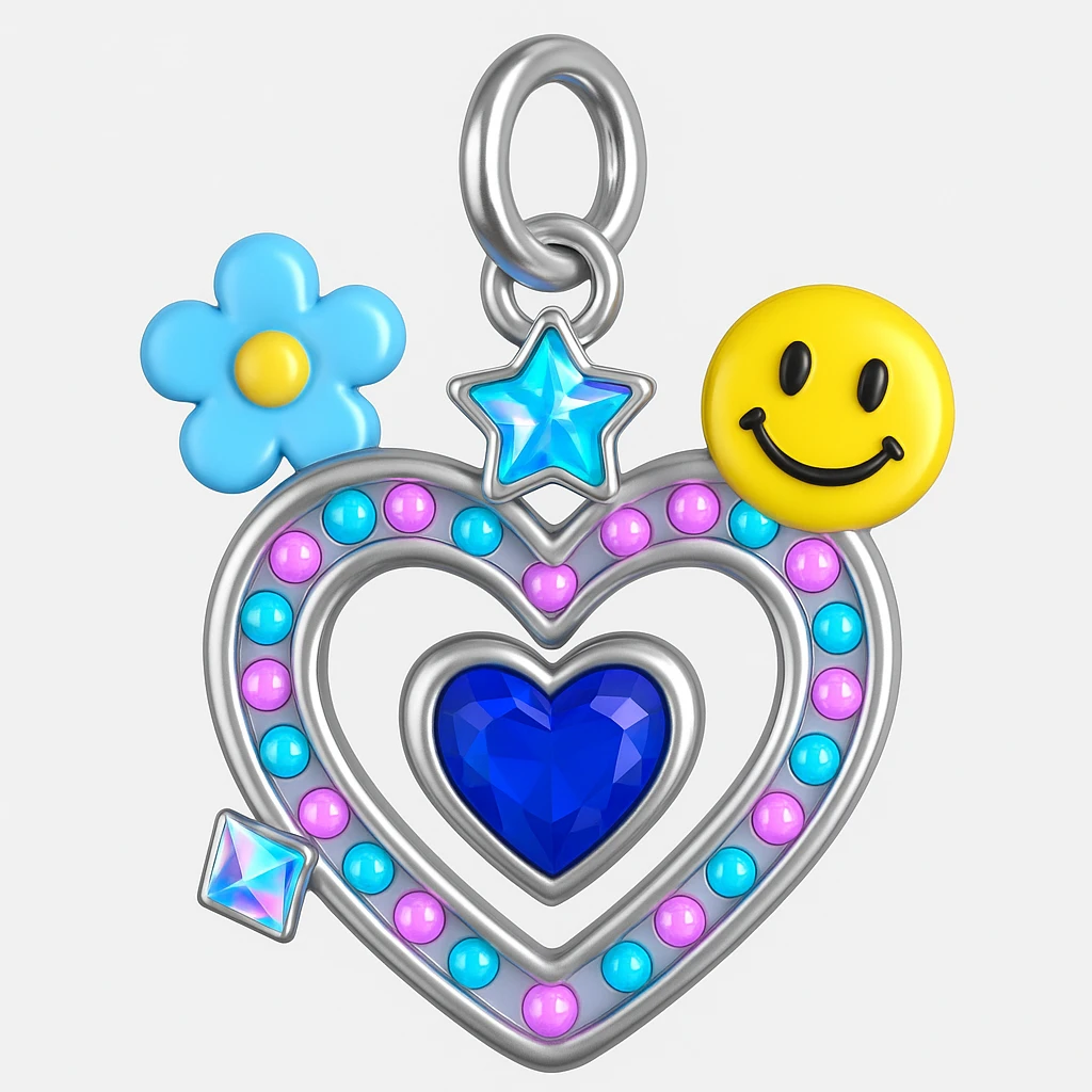 convert to a Y2K style charm: add a silver jump ring to the top for attaching to a bracelet or necklace, keep the holographic diamond, blue sapphire accent, and playful Y2K details, 3D emoji style emoji