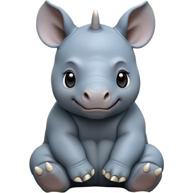 cinematic-baby rhino-full-body-sitting-emoji,white horn, slate grey/blue skin -massive-body-poised-powerfully,-thick-horn-curving-slightly-forward,-head-tilted-dramatically,-rough-grey-hide-covered-in-dust,-simplified-focused-features, large cute black eyes emoji