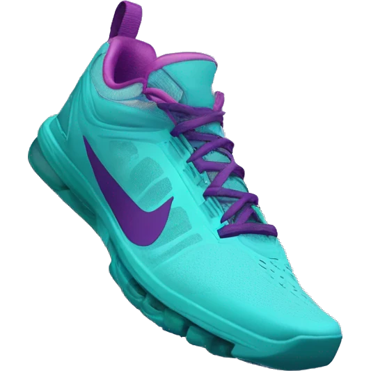 Hyper Realistic top front view of a pair of turquoise,light teal,magenta,and dark purple Nike Shocks. emoji