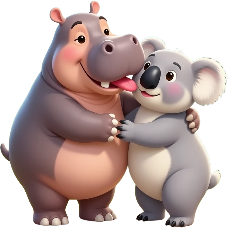 Hippo kissing koala on lips. Hugging. emoji