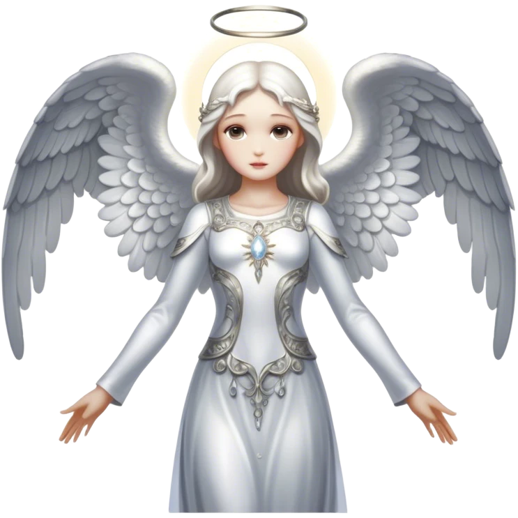 Full body, Cinematic and Ultra realistic 32k HD hauntingly beautiful Angel with Balanced features, highly detailed, glowing with silver light, high shine, remembrance, a painting of white silver, fanciful, enchanting. The image is so lifelike it could leap off the canvas at any moment emoji