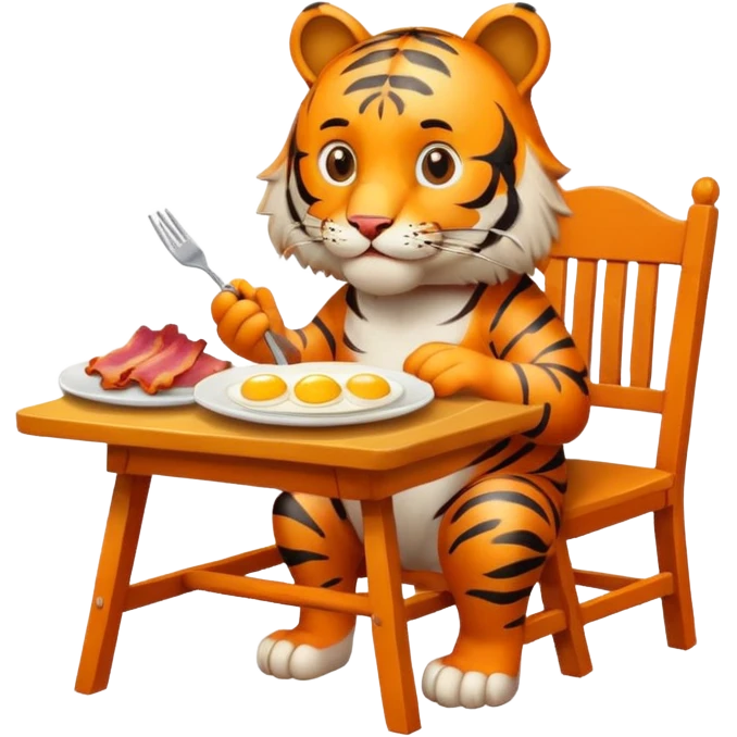 Tiger sitting by a table on a chair, with a plate of eggs and bacon in front of him on the table emoji